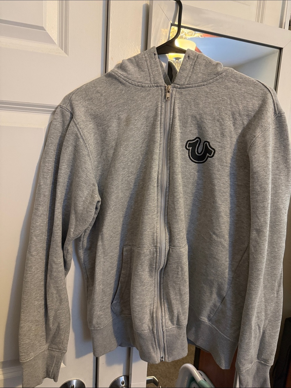 True Religion Light Gray Zip Hoodie with Horseshoe Patch